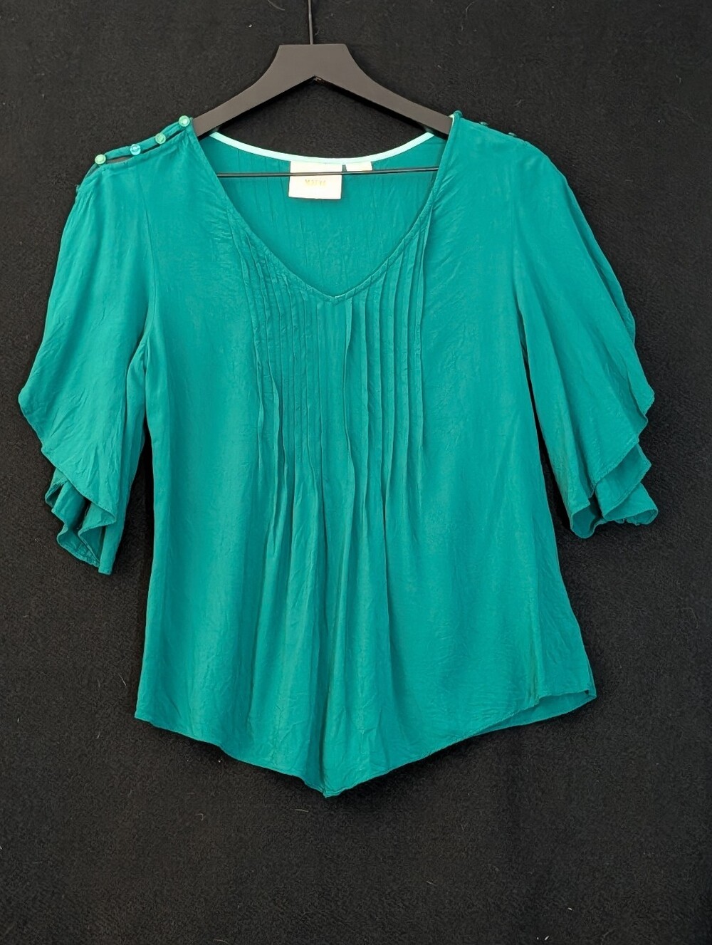 Maeve Anthropologie Blouse Size 4 Teal Pintuck Flutter Sleeve Rayon Top Feminine